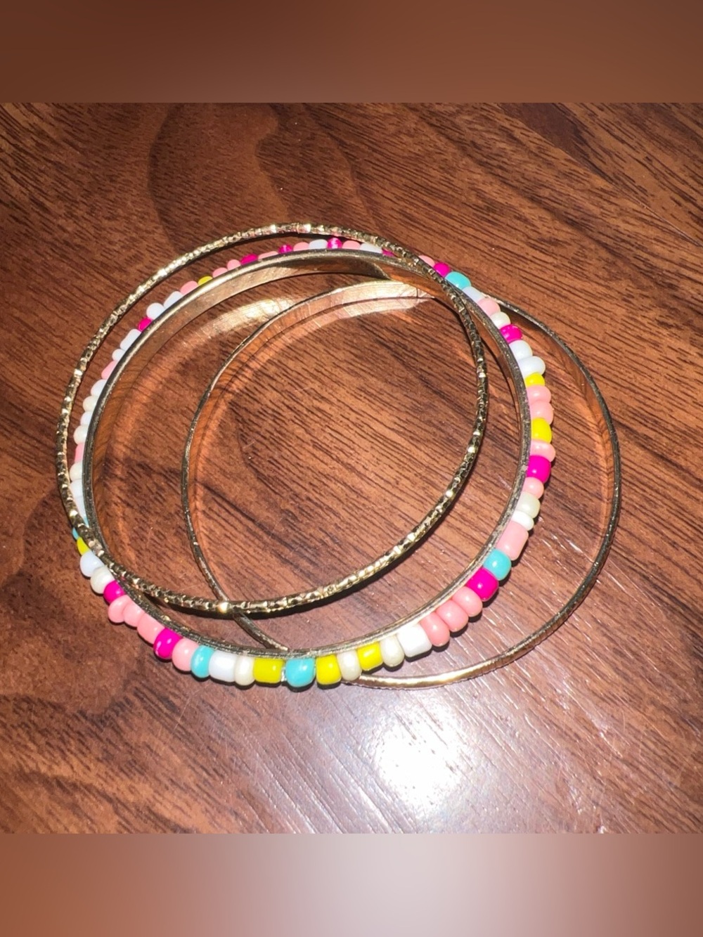 Gold Tone Stackable Bracelets with Pink, White, Turquoise and Yellow Beads